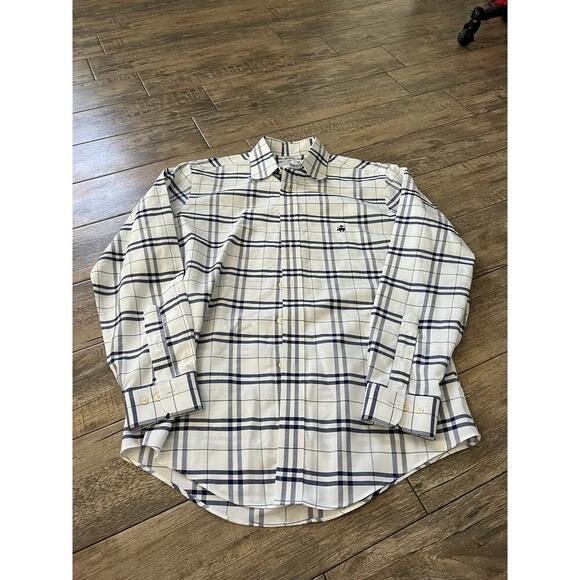 Brooks Brother Men's Cream Blue Plaid Print Slim Fit Button Down Shirt Size M - Picture 1 of 4
